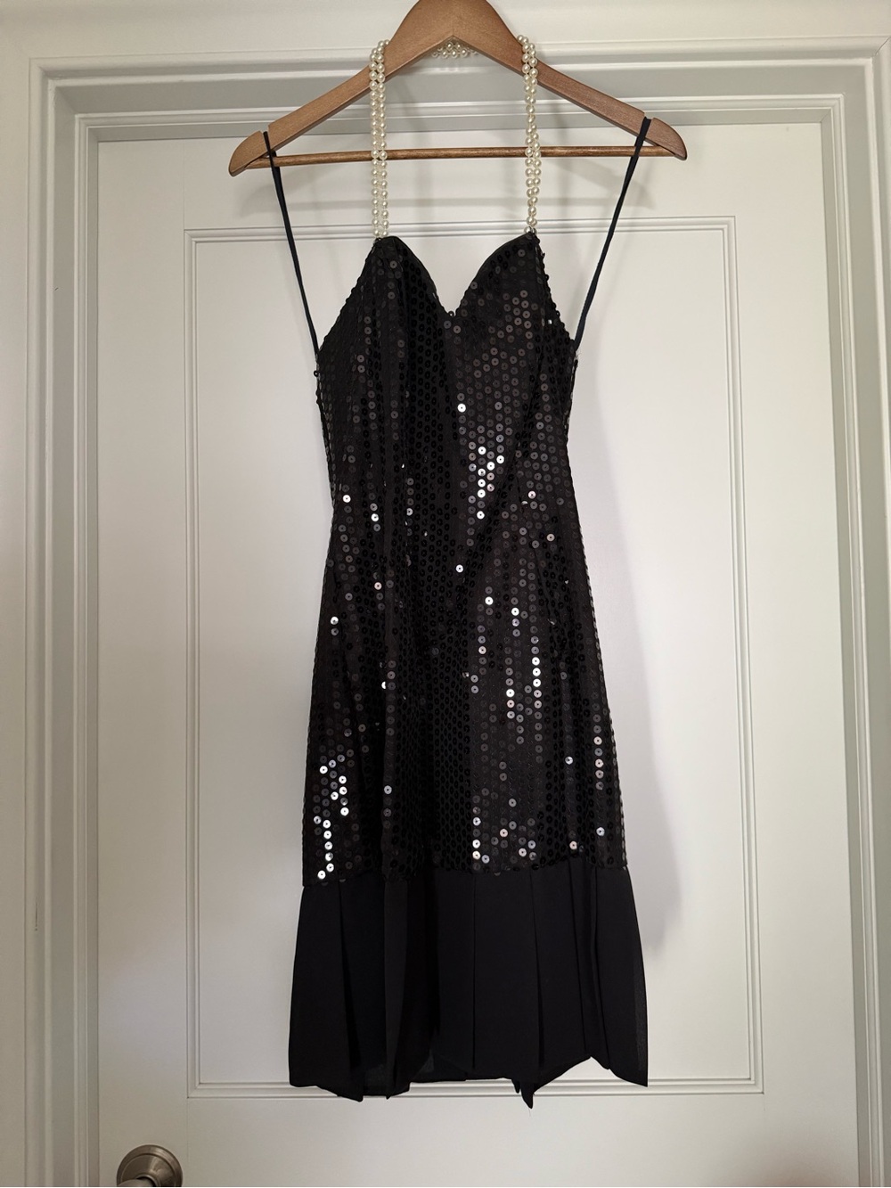 Vintage Early 90’s Black Sequin Slip Dress with Pearl Halter l